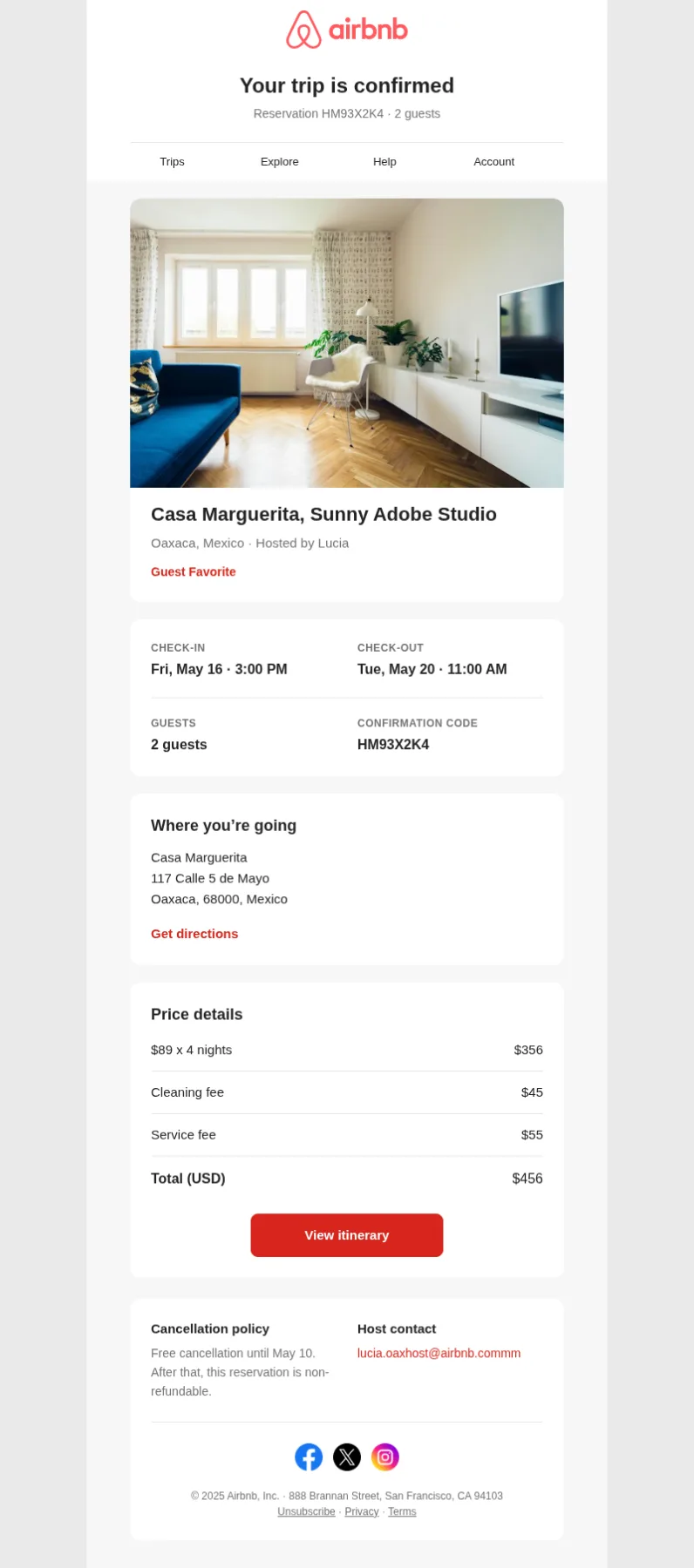 Generated Airbnb booking confirmation email: stay photo, check-in and check-out details, price breakdown and itinerary link.